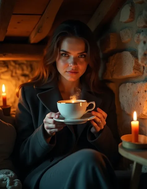 A picture of an enigmatic Scottish female figure in a bothy, sitting on a nook with a cup of hot tea, looking at viewer with a mysterious eyes, awkward encounter, photo realistic style, detailed face, perfect eyes, Annie Leibovitz  photography 