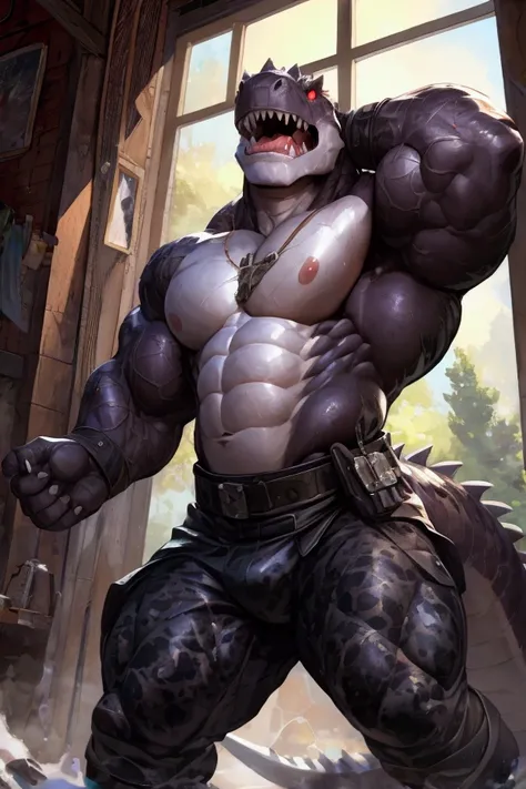 solo, anthro, furry male, T-Rex, ((Detailed muscles)), (T-Rex print), black scales, white belly, spiny scales, standing up, bodyguard outfit, black claws, red eyes, slit eyes, slim fit, muscular slim, cracking knuckles, bedroom, crazed look, menacing, ragi...