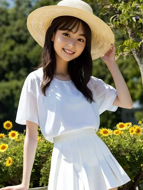 ​masterpiece、top-quality、​masterpiece、1girl in、Looking at the camera、Happy smile、Sun flower、evening shower、White blouses、a miniskirt、White underwear is visible from the inside of the skirt from below、Live action、realisitic、a straw fedora hat、Skirt soars