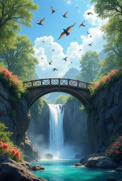 A heavenly scene with birds flying and a waterfall where tgere is a bridge 
