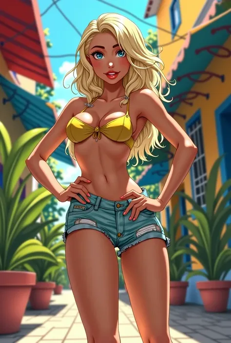 A Brazilian woman with light skin and lightly colored hair, short stature with large breasts and hips, with anime outfit and slightly sexy personality