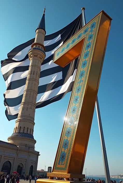  7 is written in 3d and behind the minaret is a huge black and white striped flag. 