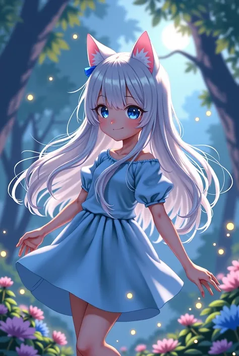 Young girl with long white hair and anime cat ears dressed in light blue clothes and light blue eyes