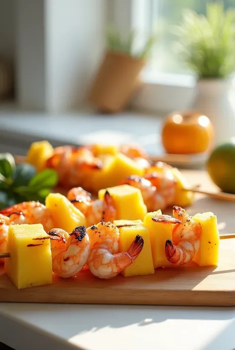 Ananas,mango and shrimp Hawaiian skewers whi kitchen minimal background 