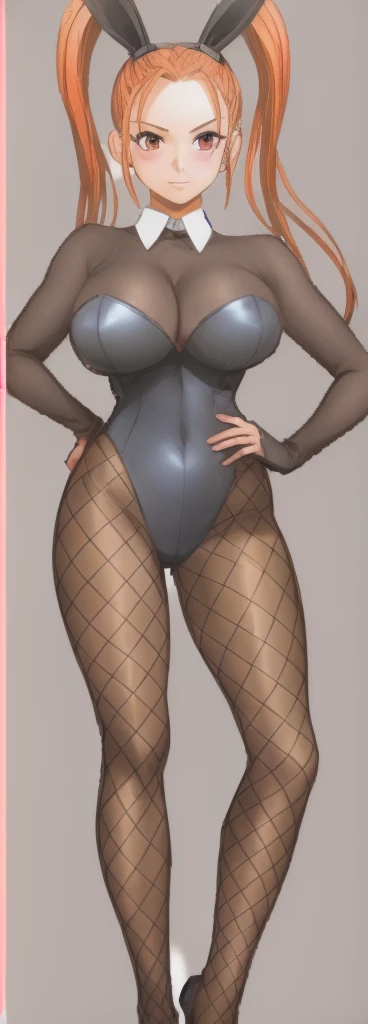 Jessica, with her large breasts, beautiful legs, and twintails, is standing with her hands on her hips, wearing a black high-cut bunny suit and fishnet tights.。Angle from behind。