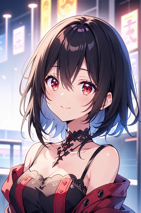 (masterpiece, highest quality, highest quality, (No text), Beautiful and aesthetic:1.2),No text,アニメ、BREAK,One Girl，Black Hair Girl　short hair　older sister　choker　Beautiful eyes　Red eyes　cool　smile　Black and Red　whole body　In town