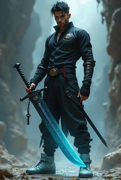 Character with a black monolith sword made of black monolith ore is shiny sky blue with disappointed reliefs the blade he holds on him black eyes is white a dark beige face a black shirt with some cien on his shirt is black pants with pale red on his pants...