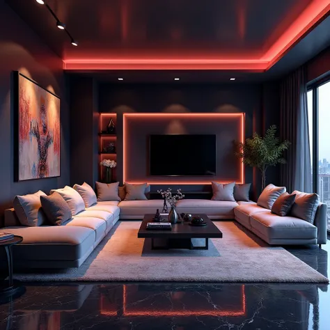 Please design me an extremely luxurious living room, modern and fully equipped. Futuristic design with mysterious colors