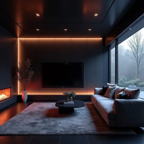 Please design me an extremely luxurious living room, modern and fully equipped. Futuristic design with mysterious colors