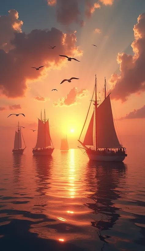 I want pictures of ships that appear far away and nearby at sunset. Let there be seagulls. Let it be very beautiful and romantic.