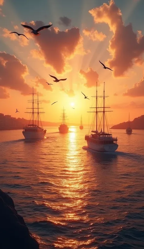 I want pictures of ships that appear far away and nearby at sunset. Let there be seagulls. Let it be very beautiful and romantic.