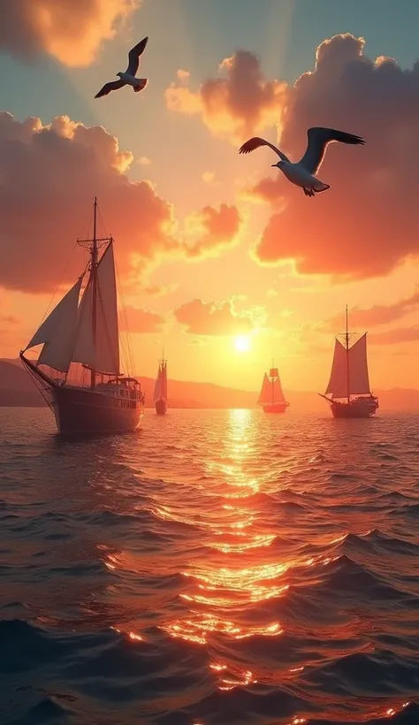 I want pictures of ships that appear far away and nearby at sunset. Let there be seagulls. Let it be very beautiful and romantic.