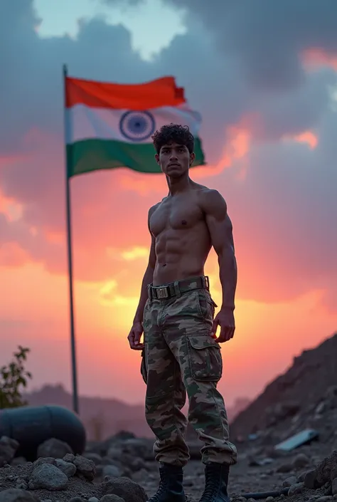 Army boy with and big muscles war background with pink and blue sunset with Indian flag 
