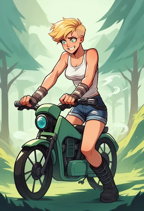 ((((masterpiece)))), high quality, very_high_resolution, large_filesize, full color, steam punk featuring a futuristic planet,, in a distant forest, bustling alien markets, and an off-road bike. The protagonist is a stunning upper body girl 1 person blonde...