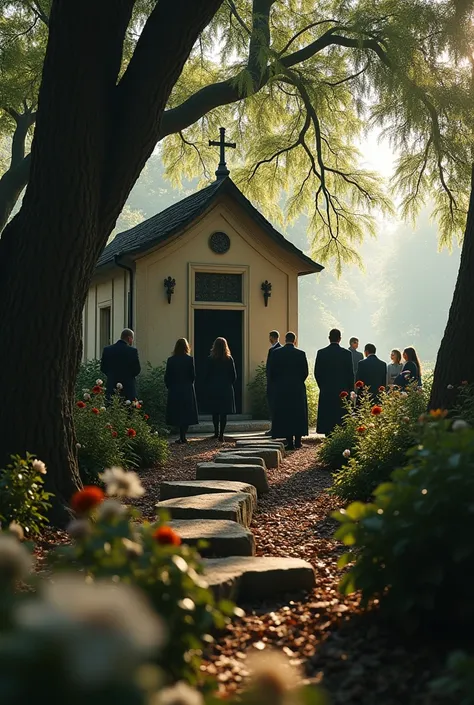 A burial being held near a small chapel with many trees and graves nearby