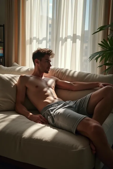 young man lying on sofa ,gray sweat shorts with pockets , wearing no shirt
