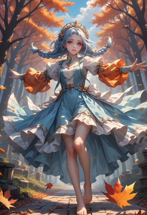 score_9, score_8_up,score_7_up, masterpiece, best quality, perfect anatomy, very aesthetic, official art, 8k, 1 girl, A Little Makeup, sexy, Orange sleeves, White hair, White skin, Light Blue Hair Ornament, Blue suspenders, blue clothes, light blue eyes, b...