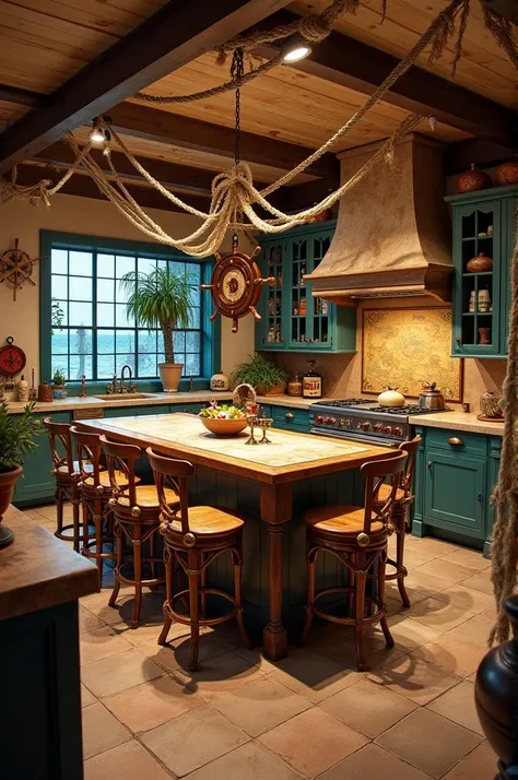 BBB 24 style kitchen with 10 chairs, kitchen theme is pirates “no people”