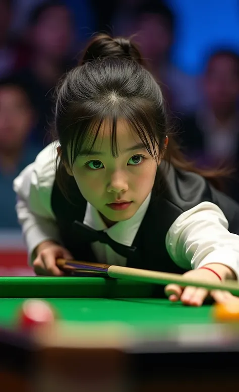 Womens Snooker，18-year-old Korean beauty，Fair skin，Charming，beauty，（Korean plastic surgery face）Focus，The best lights and shadows，Finals Background，Professional Arena