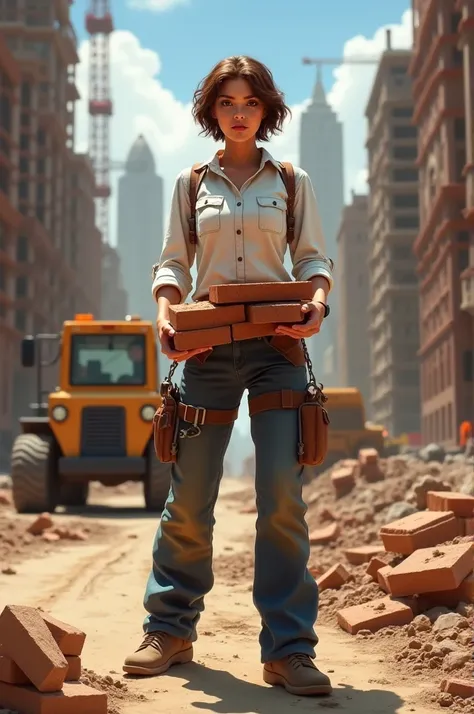 avatar of a tall woman, dress shirt, thin short wavy brown hair, in a construction site carrying bricks