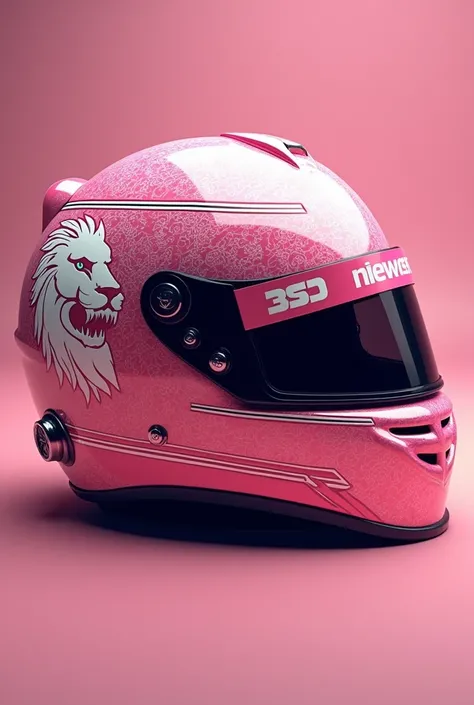 F1 Helmet design. Pink dominant, white accent. Vector elegant Lion head symbol represent singapore gp. Make it elegant, luxurious, and f1 spirit. Include top, side, back view