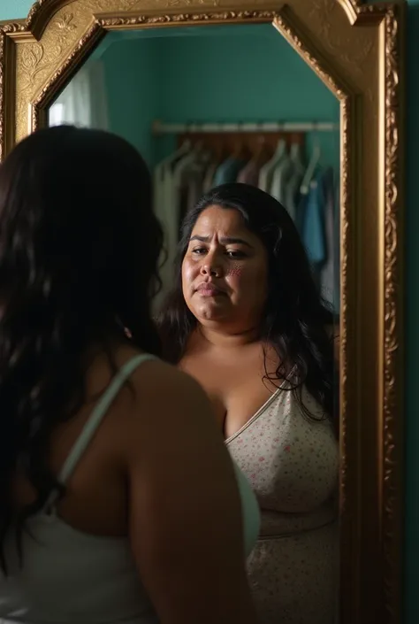 Fat woman looking at her body in a mirror crying desperately 