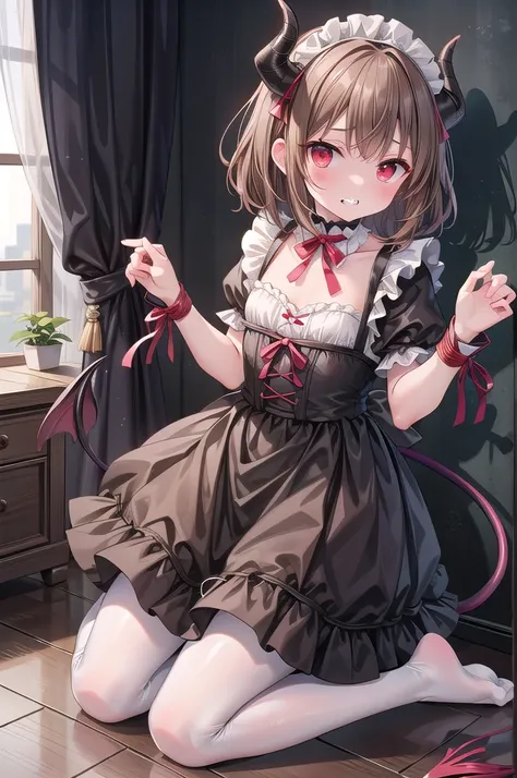 Solo Girl, 8-year-old(children),Medium Hair, Light brown hair, Mid-chest, highest quality, High resolution, Very detailed, Detailed Background, Perfect lighting、Extreme maid outfit、very cute, Red eyes, a pair of demon horns(Very small corner), Blush, Black...