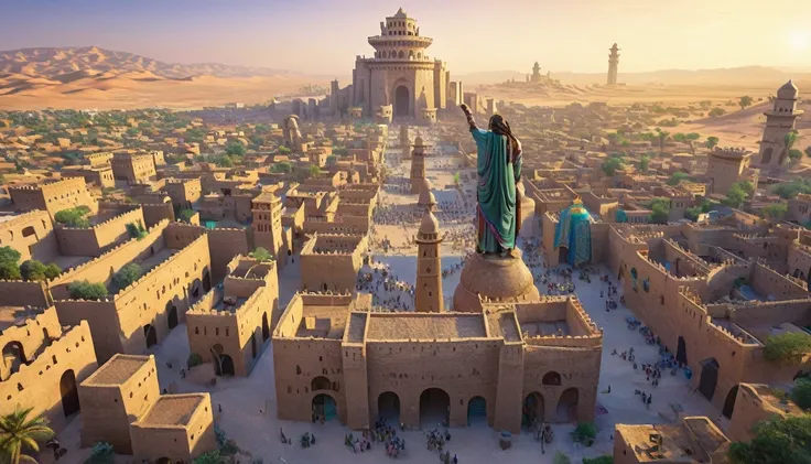 A city in the desert from the time of 1200, with rounded and colorful towers, and a giant statue of a man with braids holding his sword up. The city is surrounded by a wall. 