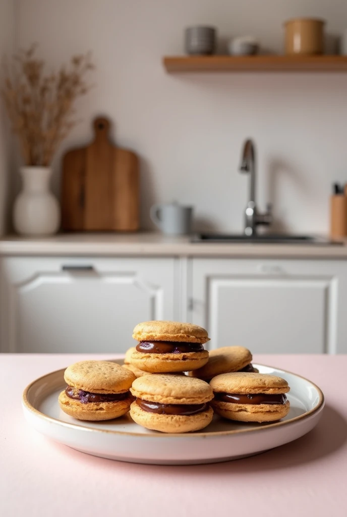 Cookies with caramel i e violet in the center,casual minimal kitchen in the background,photografic,realistc