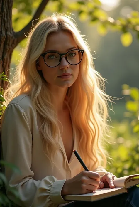 a 20 year old woman, long blonde hair, beautiful detailed blue eyes, sharp cheekbones, full body, wearing glasses, writing in a notebook, realistic, photorealistic, masterpiece, 8k, ultra-detailed, cinematic lighting, natural setting, warm color tones, sof...