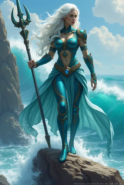 rpg style, digital painting art style, concept art style, full-body, fantasy, standing on a rock, sea elf female, tall and slender, athletic figure, muscled build, long limbs, long arms, long legs, muscled arms, visible six-pack, visible biceps, toned, big...