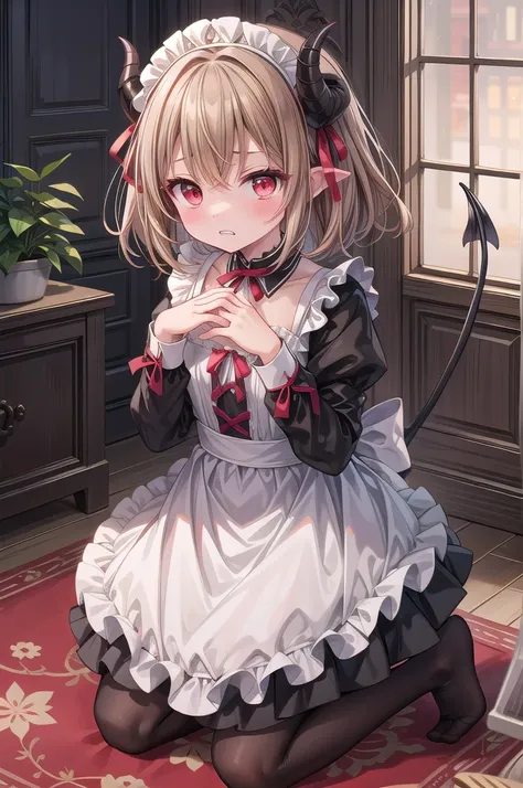 Solo Girl, 8-year-old(children),Medium Hair, Light brown hair, Mid-chest, highest quality, High resolution, Very detailed, Detailed Background, Perfect lighting、Extreme maid outfit、very cute, Red eyes, a pair of demon horns(Very small corner), Blush, Black...