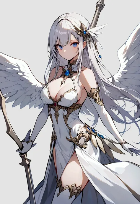 slender, mature female, rating:safe, 1girl, solo, dress, weapon, blue_eyes, holding, gloves, wings, silver_hair, feathered_wings, white_dress, spear, closed_mouth, polearm, holding_weapon, breasts, bangs, bare_shoulders, hair_ornament, elbow_gloves, grey_b...