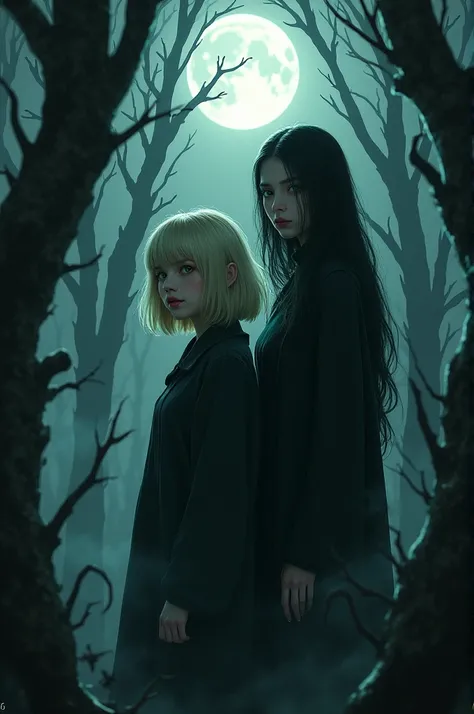 Imagem dark fantasy, blonde girl with short hair, greeneyes, in a dark forest at night, with an Asian slanted eyes, black short hair, fleshy lips.