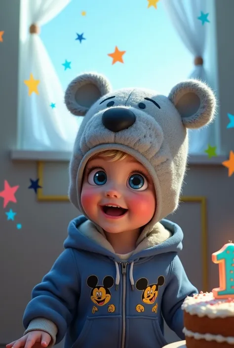 1 years old baby boy. He has light skin, short medium blond hair with bangs. Dark Blue eyes. He is smiling brightly. he is wearing a gray hat with bear face. He is wearing a blue hoodie with in mickey mouse aesthetics. He is celebrating  his first birthday...