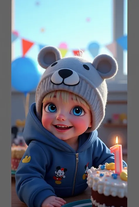 1 years old baby boy. He has light skin, short medium blond hair with bangs. Dark Blue eyes. He is smiling brightly. he is wearing a gray hat with bear face. He is wearing a blue hoodie with in mickey mouse aesthetics. He is celebrating  his first birthday...