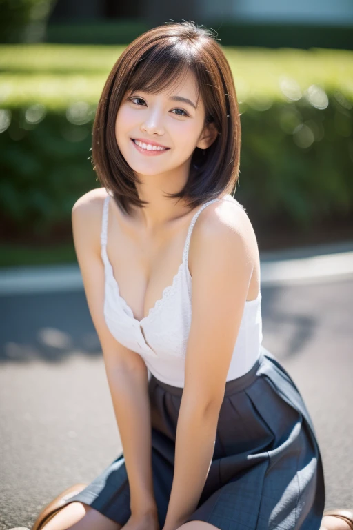 masterpiece, Highest quality:1.1), (8k, RAW Photos, Realistic:1.2, f22), (Glowing Skin), Detailed skin,Long Hair,Detailed face, Detailed eyes, smilee, Real World, Intricate details, smile, One person,mini skirt, Cleavage,from the front ,Adorable 、Full body...