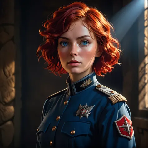 a woman in a blue military uniform, red short wavy hair, gray eyes, detailed facial features, military general, realistic portrait, dramatic lighting, dramatic shadows, cinematic composition, photorealistic, 8k, masterpiece, highly detailed, hyper realisti...