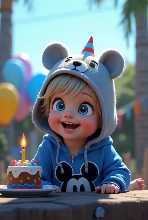 1 years old baby boy. He has light skin, short medium blond hair with bangs. Dark Blue eyes. He is smiling brightly. he is wearing a gray hat with bear face. He is wearing a blue hoodie with in mickey mouse aesthetics. He is celebrating  his first birthday...