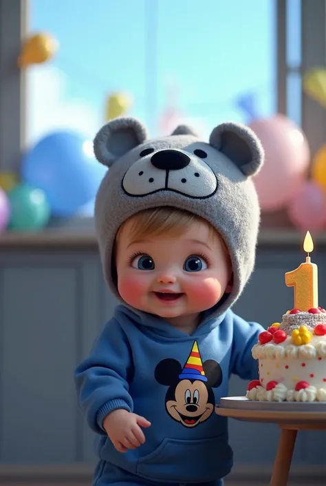 1 years old baby boy. He has light skin, short medium blond hair with bangs. Dark Blue eyes. He is smiling brightly. he is wearing a gray hat with bear face. He is wearing a blue hoodie with in mickey mouse aesthetics. He is celebrating  his first birthday...