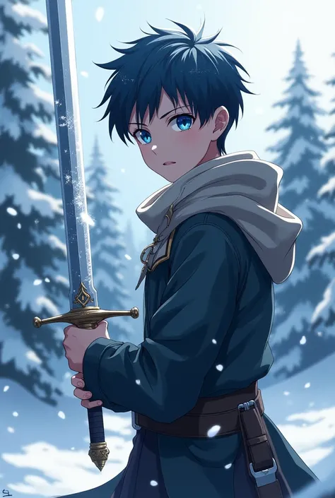 16 year old anime boy with blue eyes and a jacket  in a snowy area holding a sword