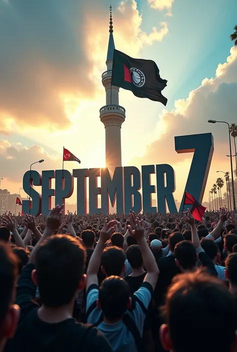   September 7 is written in 3D and in the background a huge black and white striped flag is flying on the minaret and millions of Pashtun youths are carrying black and white striped flags.