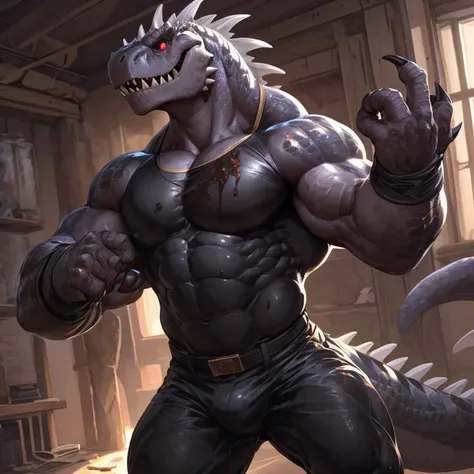 solo, anthro, furry male, T-Rex, ((Detailed muscles)), (T-Rex print), black scales, white belly, spiny scales, standing up, mens bodybuilding pose, front double biceps pose, bodyguard outfit, black claws, red eyes, slit eyes, slim fit, muscular slim, crack...