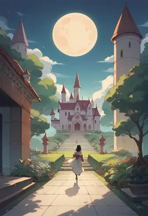 A girl with black hair walking in the castle garden on full moon night