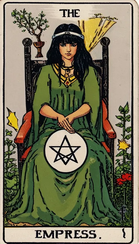 swholo sitting in the garden, "empress" text, black hair, lks73zb1, tarot card style , ((tarot card art)) that represents kagome...