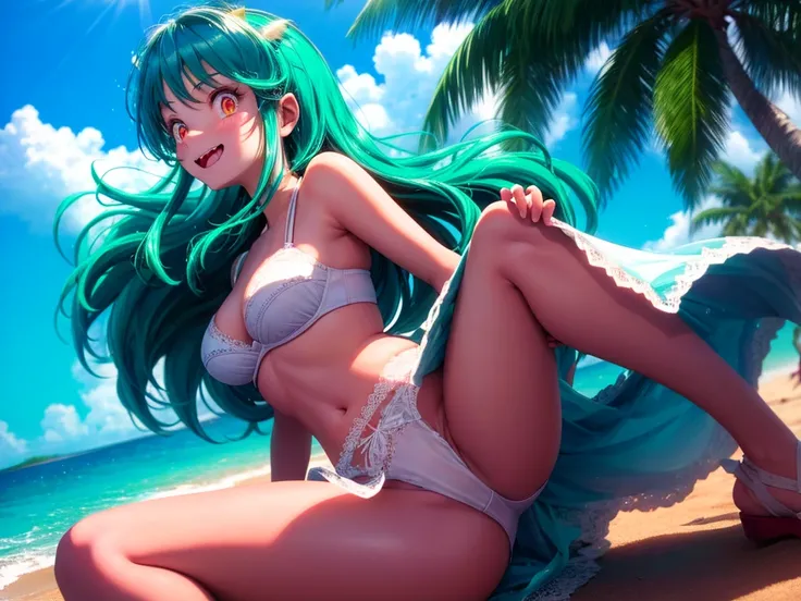 Ram-chan,invader,Very small micro underwear,Face forward and spread your legs wide., Big Ass,Resort Beach, Palm tree,sun, Highest quality, High definition, Orange eyes, Beautiful Eyes, beautiful girl, Big Breasts, blush,（It has two small demon horns on its...