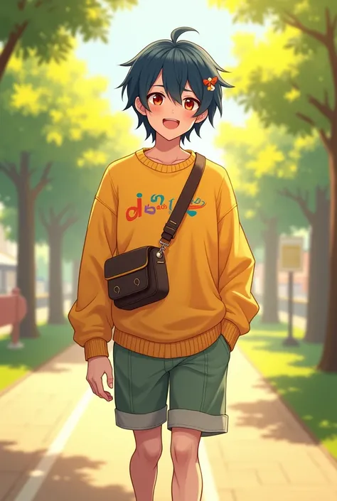 Medium length dark blue hair, red eyes, cheerful face, male, yellow decorative cute sweater oversized, shorts, slender, 174 cm height, bust shot, cute anime art style, happy, soft artstyle, walking, soft lighting yellow, at park, young adult, 24 years old,...