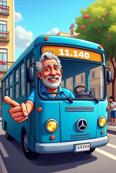 Image in cartoon format, man&#39;s, approximately 50 years, pointing forward , wearing a blue polo shirt, driving a blue bus, on this bus it says Marquinho do Transporte, and the numbers 11.140.