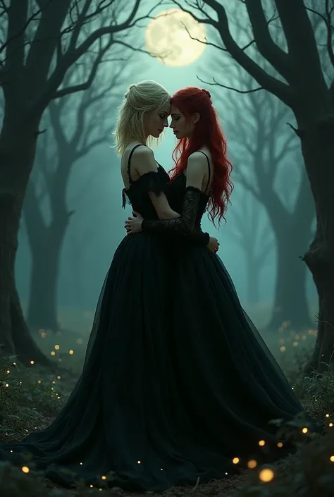 Imagem dark fantasy, blonde girl with shoulder length hair, greeneyes, in a dark forest at night, with a dark red haired one, black outlined, black gown, hugging.