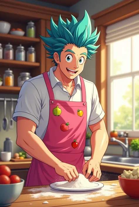 A man is in the kitchen pink Apron anime
